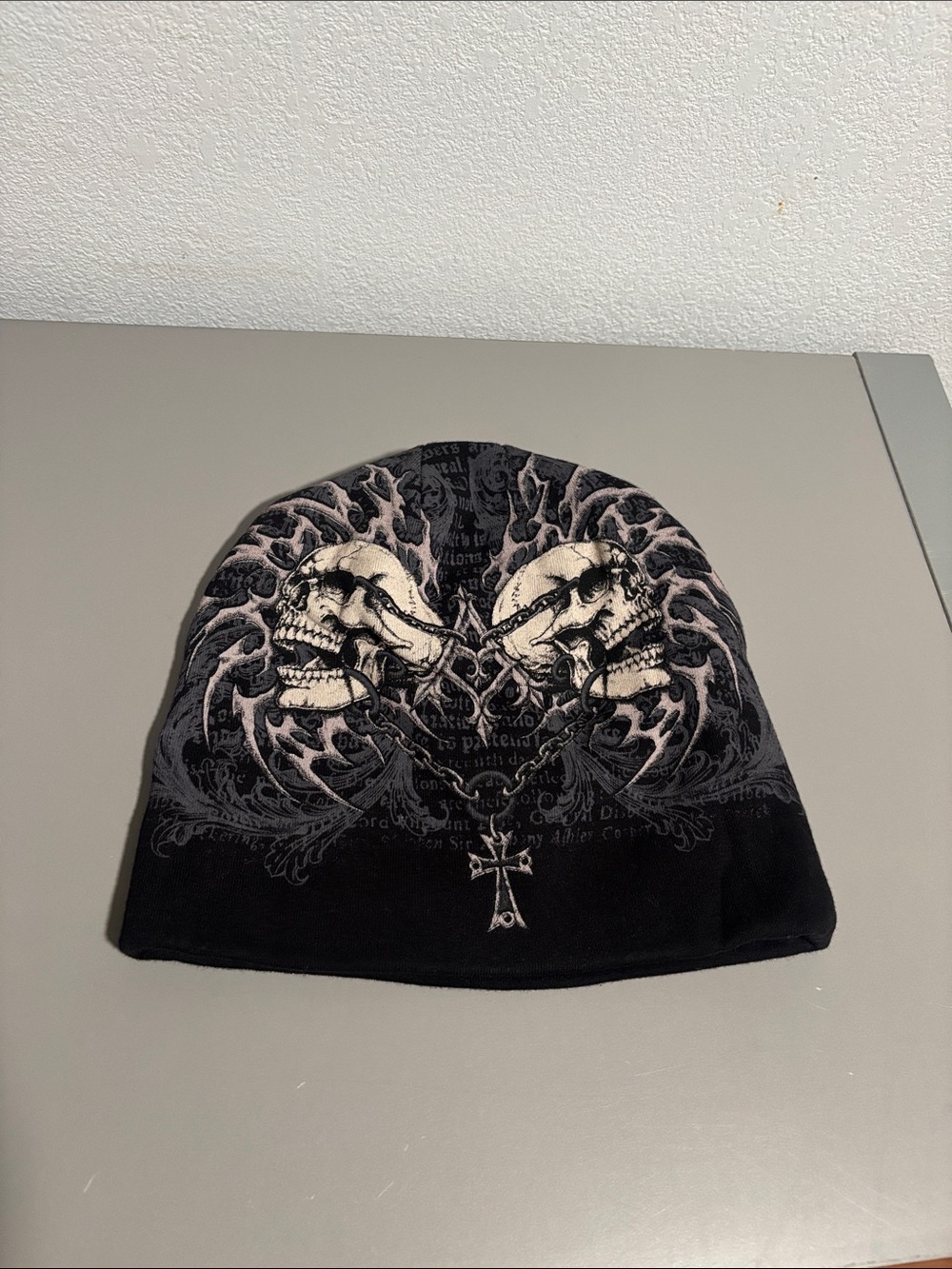 Affliction Black Skull Crest Knit Beanie with Cross Pendant
